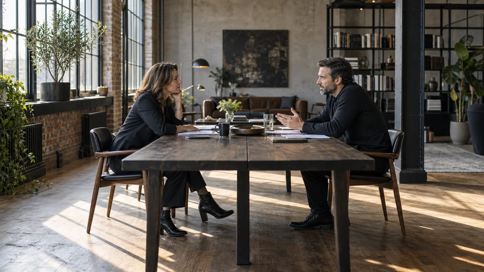 Two professionals in conversation across a long table in a sunlit office.