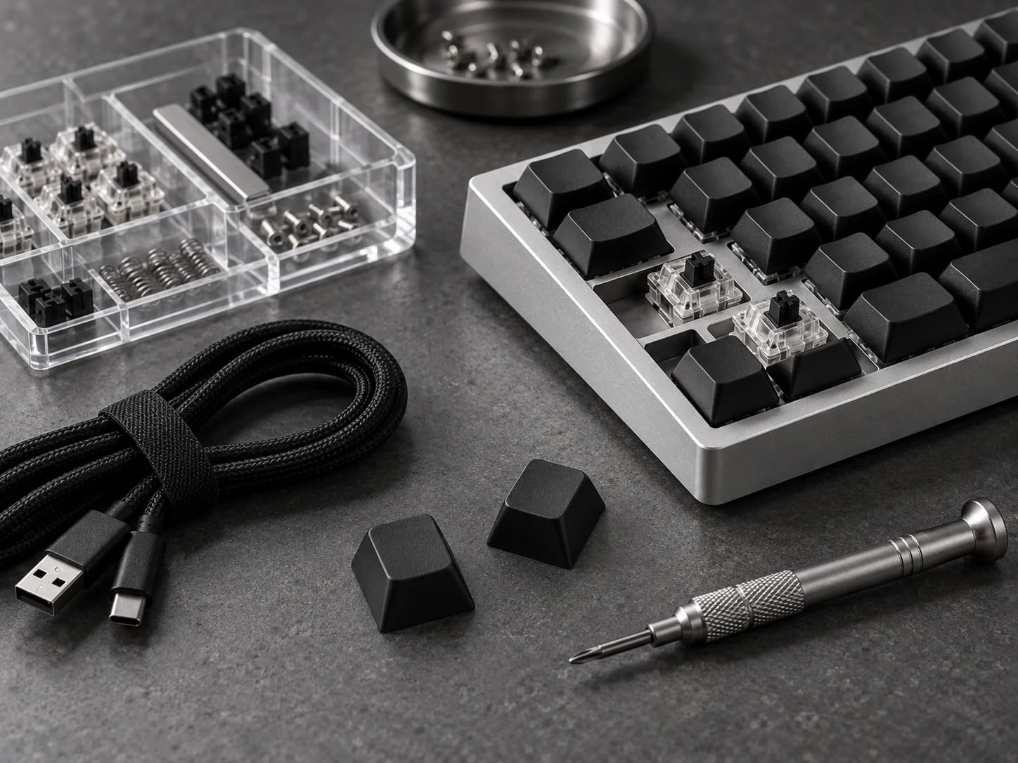 Tools and keyboard components arranged on a workbench.