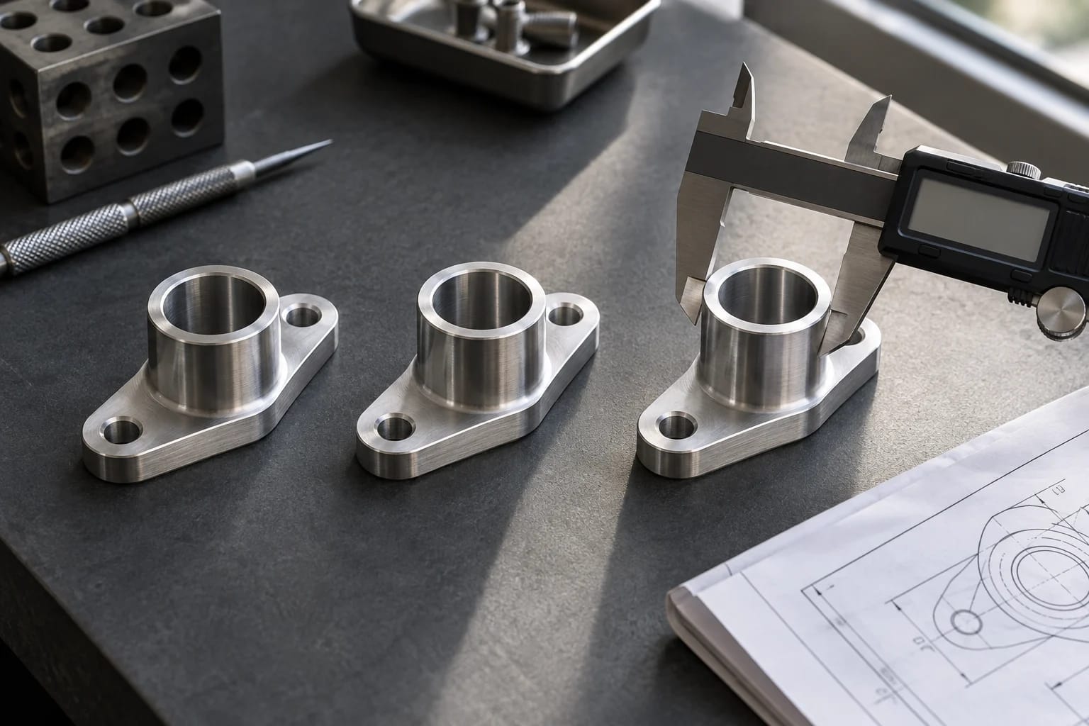 Three precision components aligned beside a caliper.