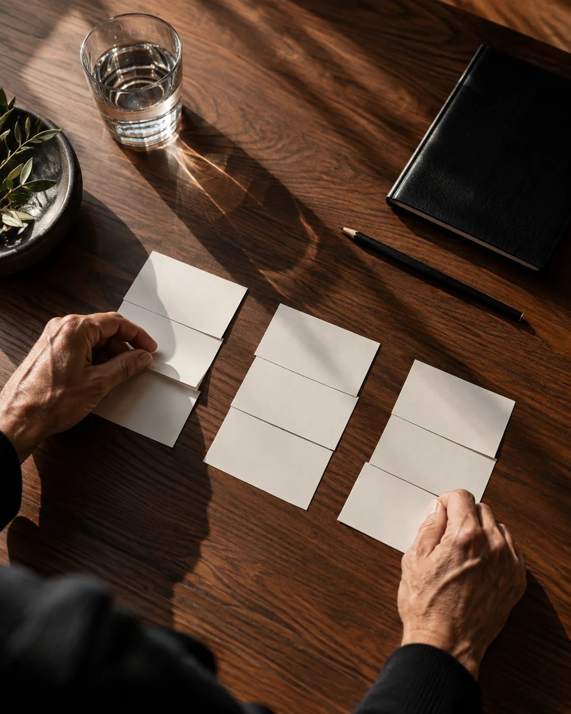 Hands arranging project cards on a walnut table.