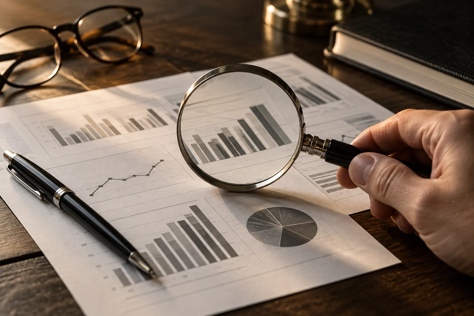 A magnifying glass examining printed research charts.