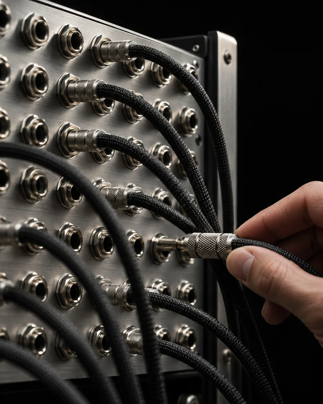 A hand connecting neatly routed cables in a precision patch panel.